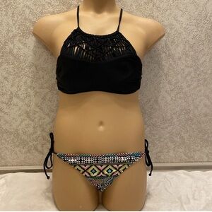 Xhilaration Black Macrame Bikini Top with Colorful Patterned Bottom